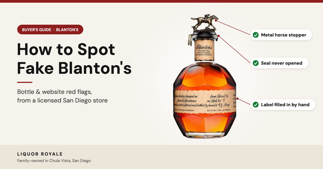How to spot fake Blanton's: genuine Blanton's Original bottle with metal horse stopper, unopened seal and hand-filled label