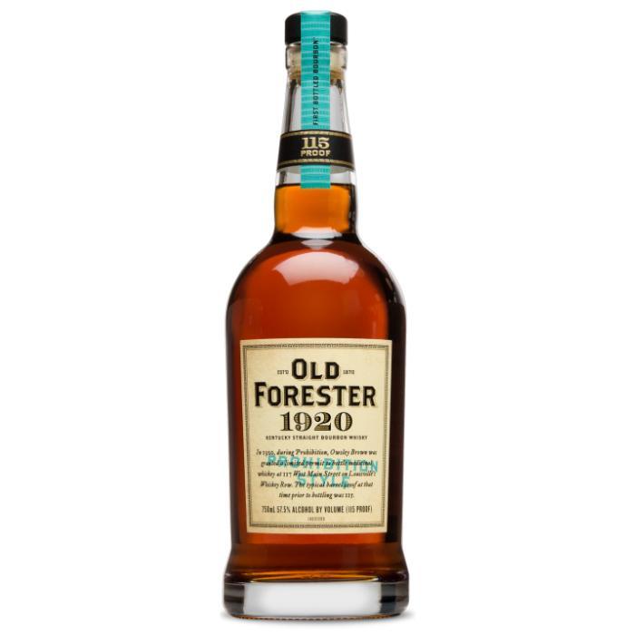 Amber Old Forester 1920 whisky bottle with label and teal banded neck