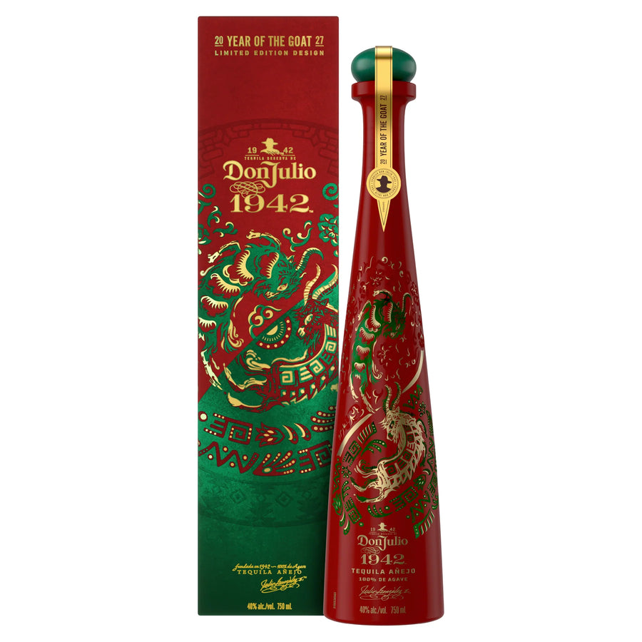 Don Julio 1942 tequila anejo bottle with red/green Year of the Goat gift box