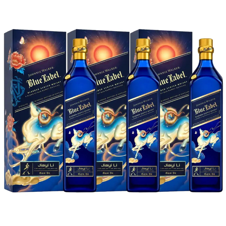 Multiple Johnnie Walker Blue Label whiskey bottles and matching Lunar New Year gift boxes