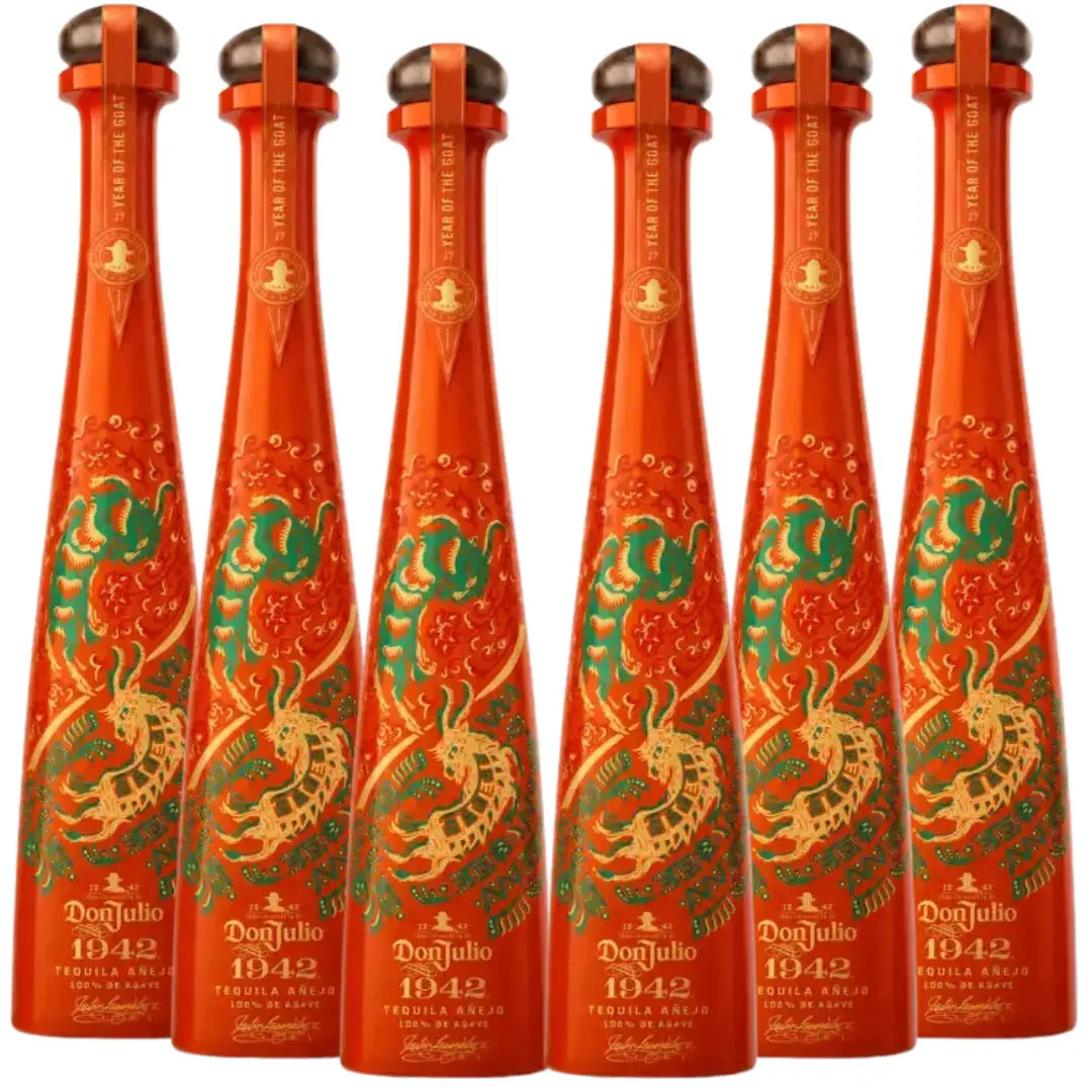 Set of six tequila anejo bottles with red glass and green-gold goat labels