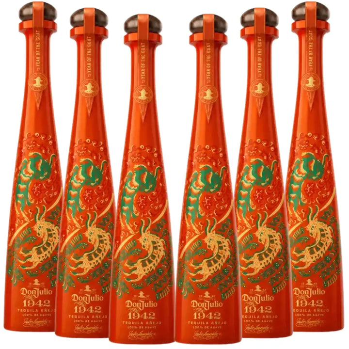 Set of six tequila anejo bottles with red glass and green-gold goat labels