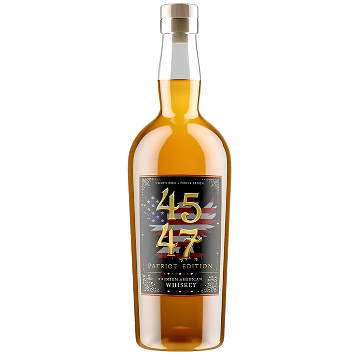 American whiskey bottle—45 & 47 Patriot Edition, gold liquid, metal cap