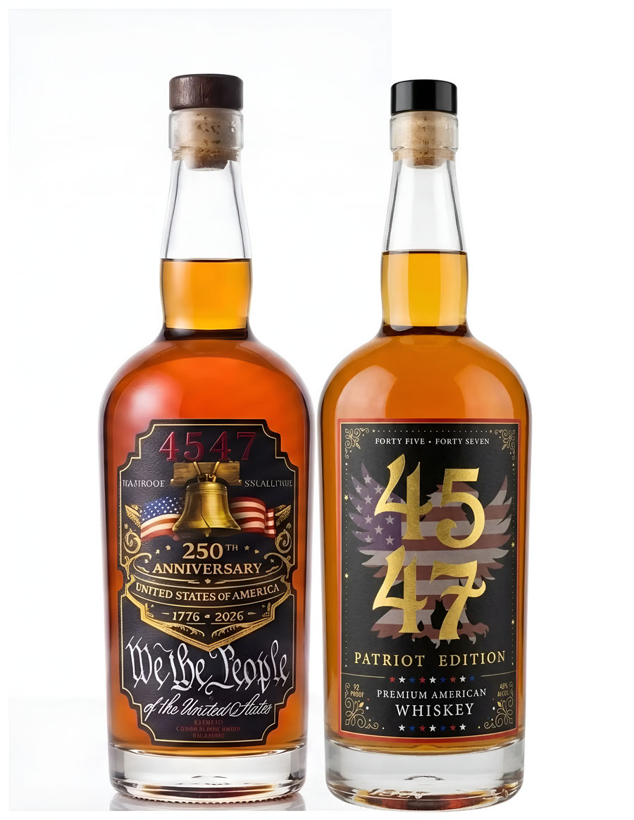 Whiskey bundle with two bottles, amber contents, 250th Anniversary and Patriot Edition