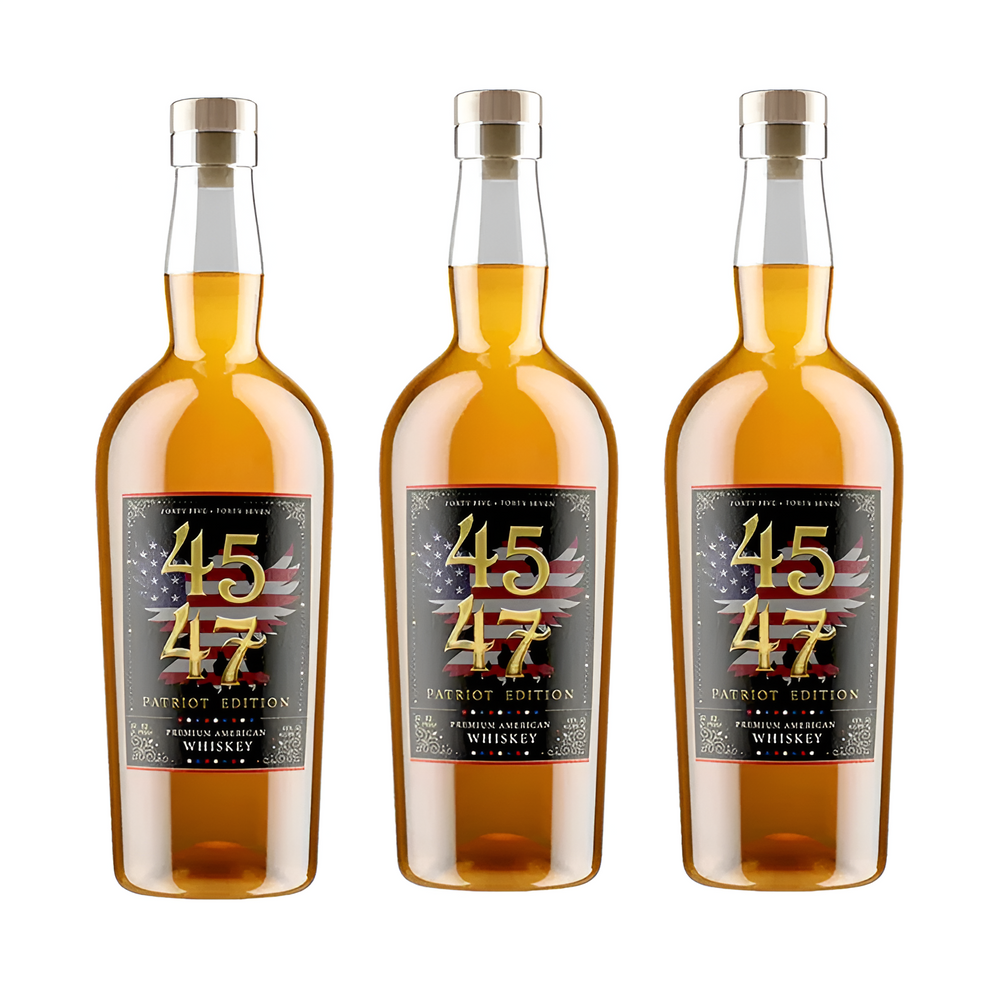 Three amber whiskey bottles with gold caps and patriotic label, gift pack of 3