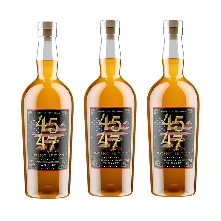 Three amber whiskey bottles with gold caps and patriotic label, gift pack of 3