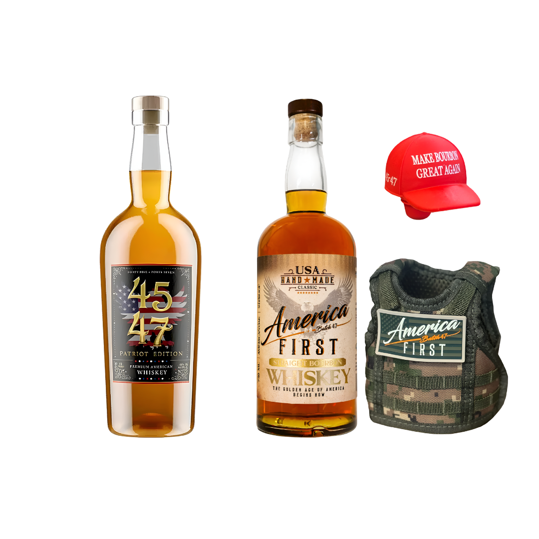 Two bottles of 'America First Whiskey', a red cap, and a tactical vest with 'America First' branding on a white background.