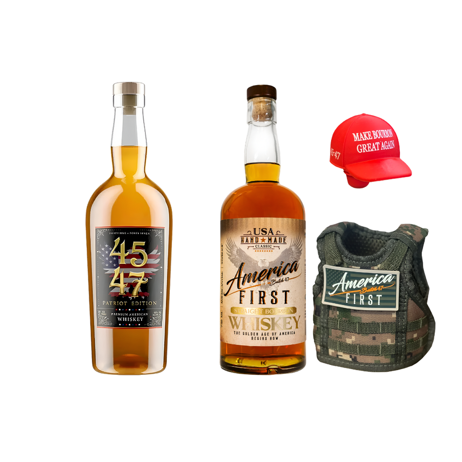 Two bottles of 'America First Whiskey', a red cap, and a tactical vest with 'America First' branding on a white background.