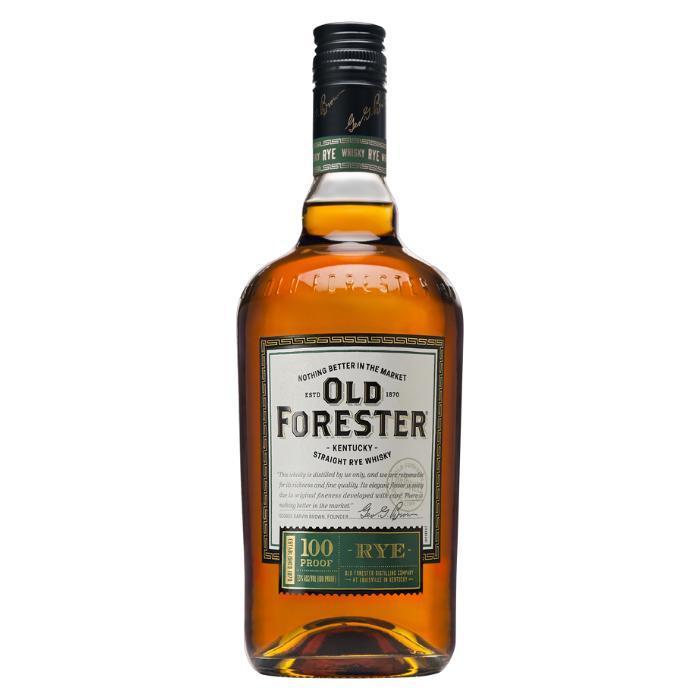 Old Forester rye whisky bottle with amber liquid and black screw cap