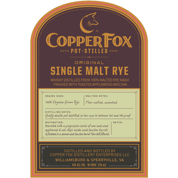 Copper Fox Original Single Malt Rye Whiskey - Goro's Liquor