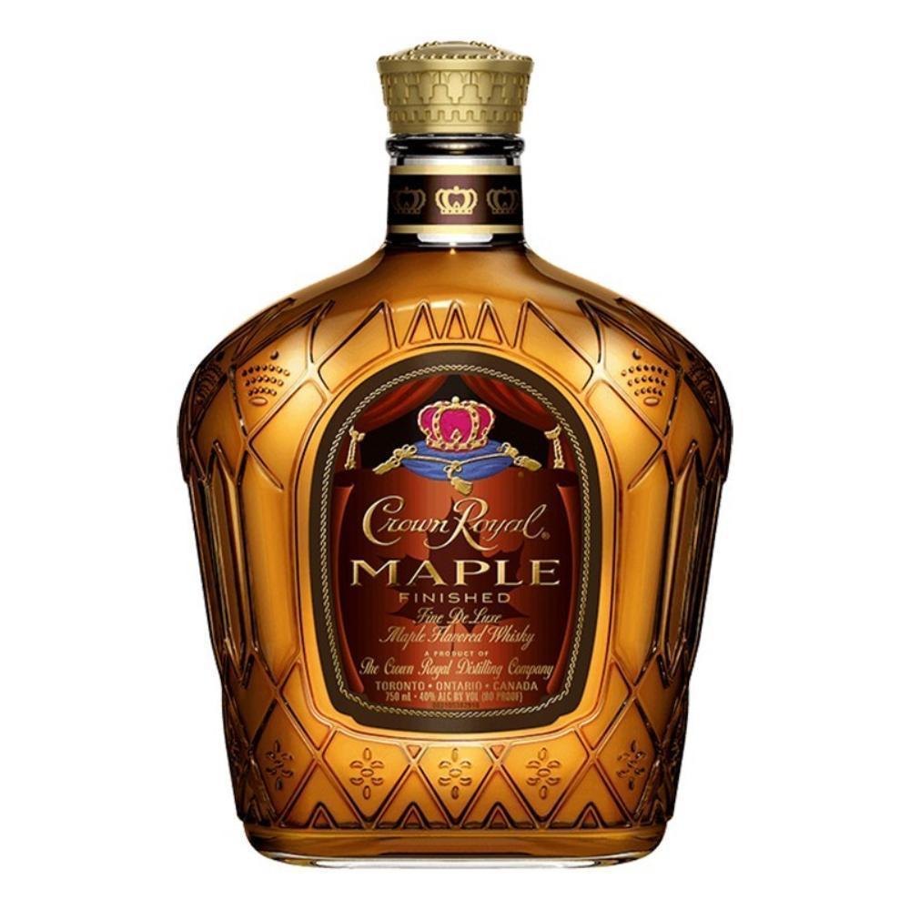 Crown Royal Maple whiskey bottle with gold crown and amber glass, front label