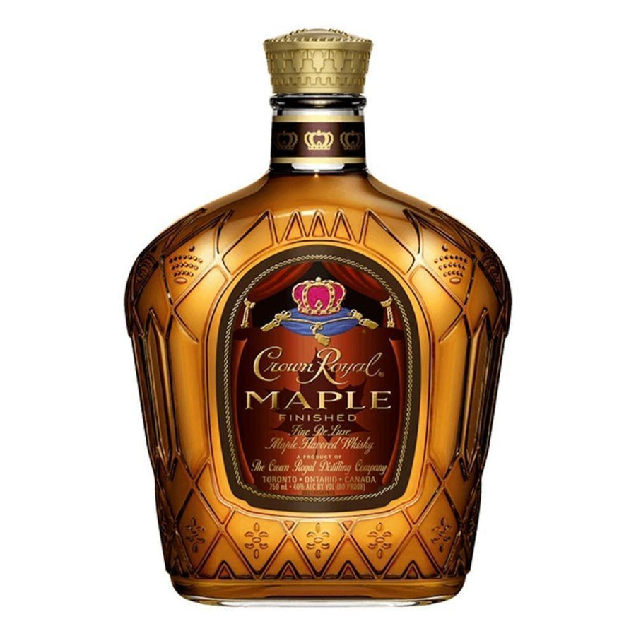 Crown Royal Maple whiskey bottle with gold crown and amber glass, front label