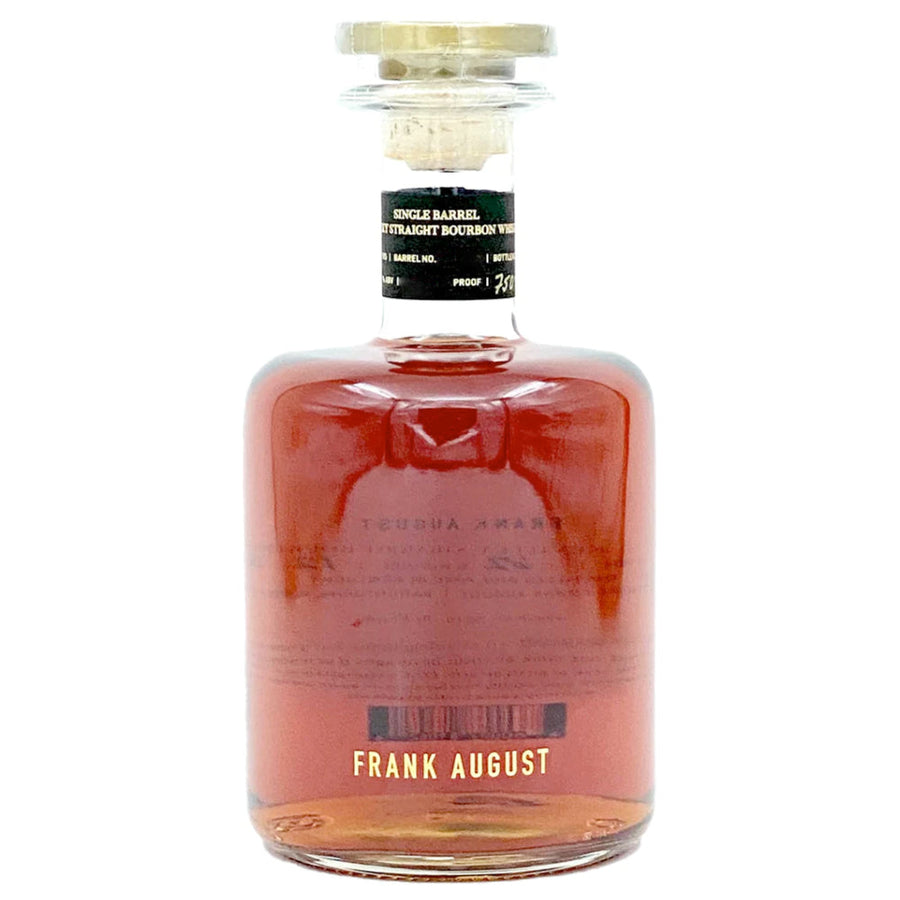 Frank August single barrel bourbon bottle with amber liquid and label