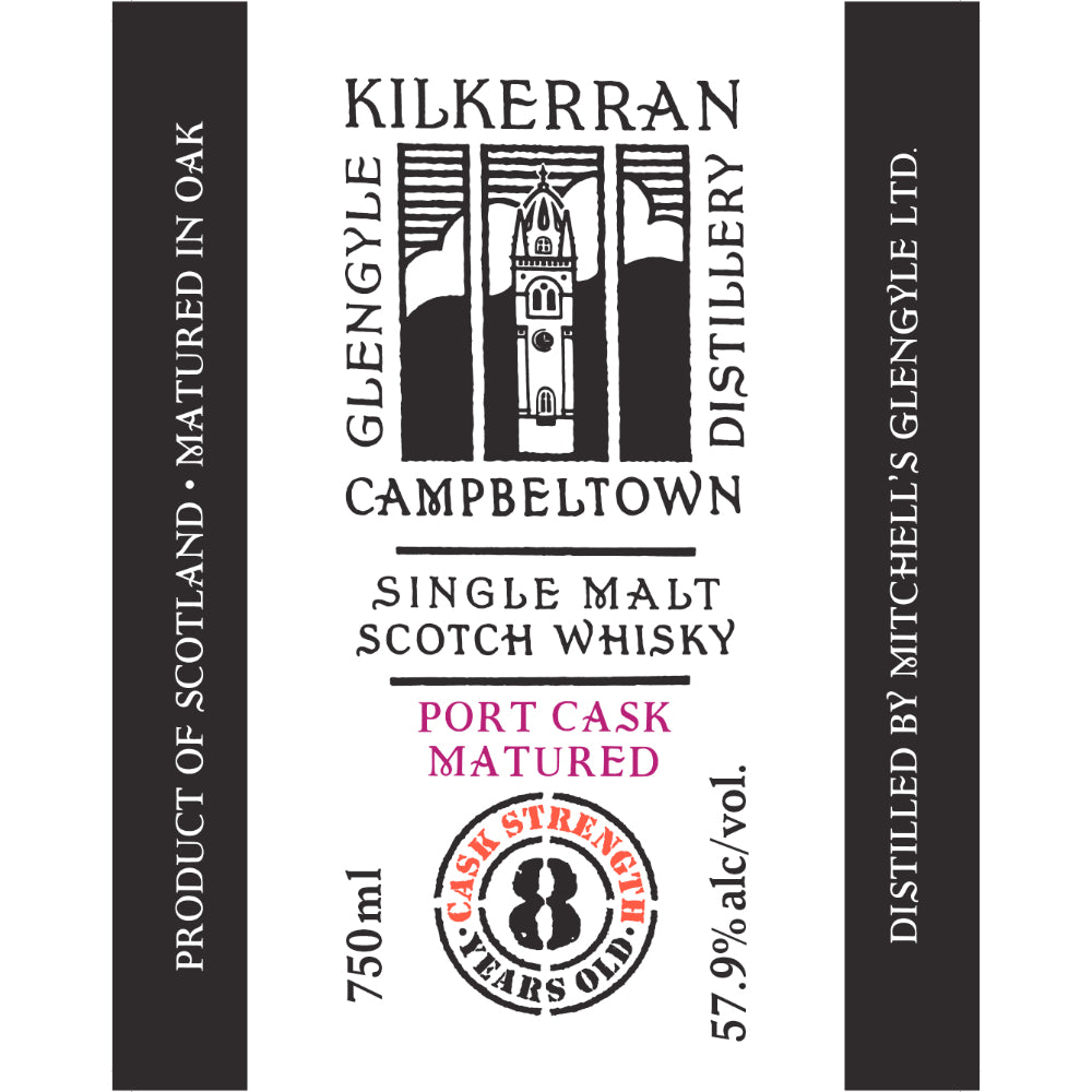 Kilkerran single malt Scotch whisky bottle label, port cask matured, cask strength 57.9% abv