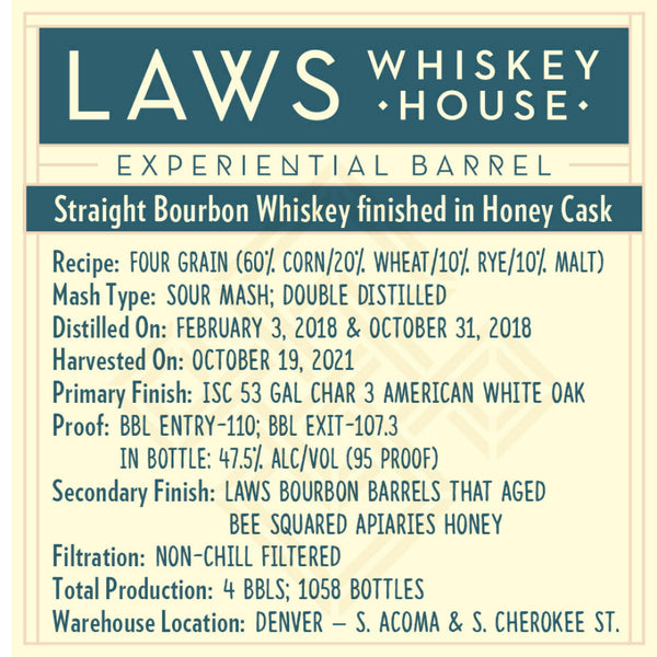 Laws Experiential Barrel Straight Bourbon Finished in Honey Cask - Goro's Liquor