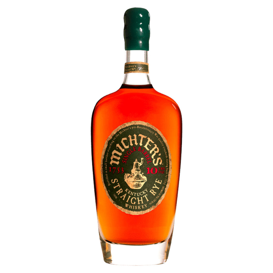 Michter's 10 Year Single Barrel Rye whiskey bottle with dark green cork