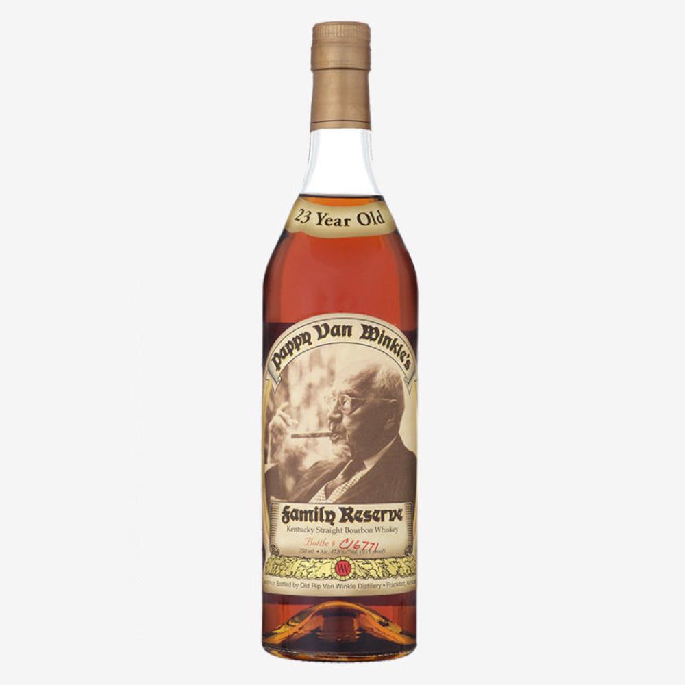Bourbon whiskey bottle with tan cap and label reading Pappy Van Winkle's Family Reserve 23 Year