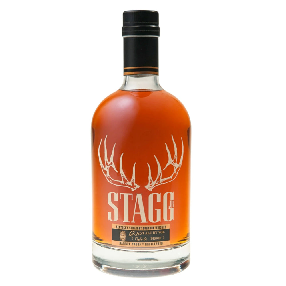 Stagg Jr. whiskey bottle, amber glass with antler label and black cap