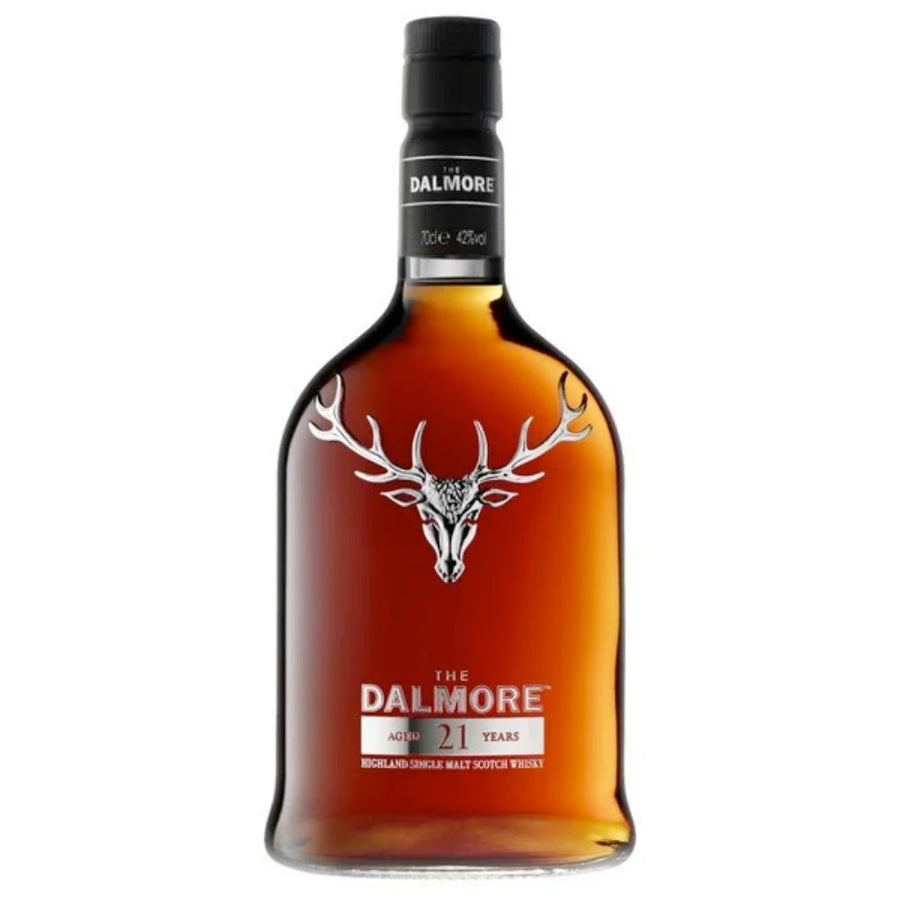 Whisky bottle with amber glass, black cap, Dalmore 21 Years label