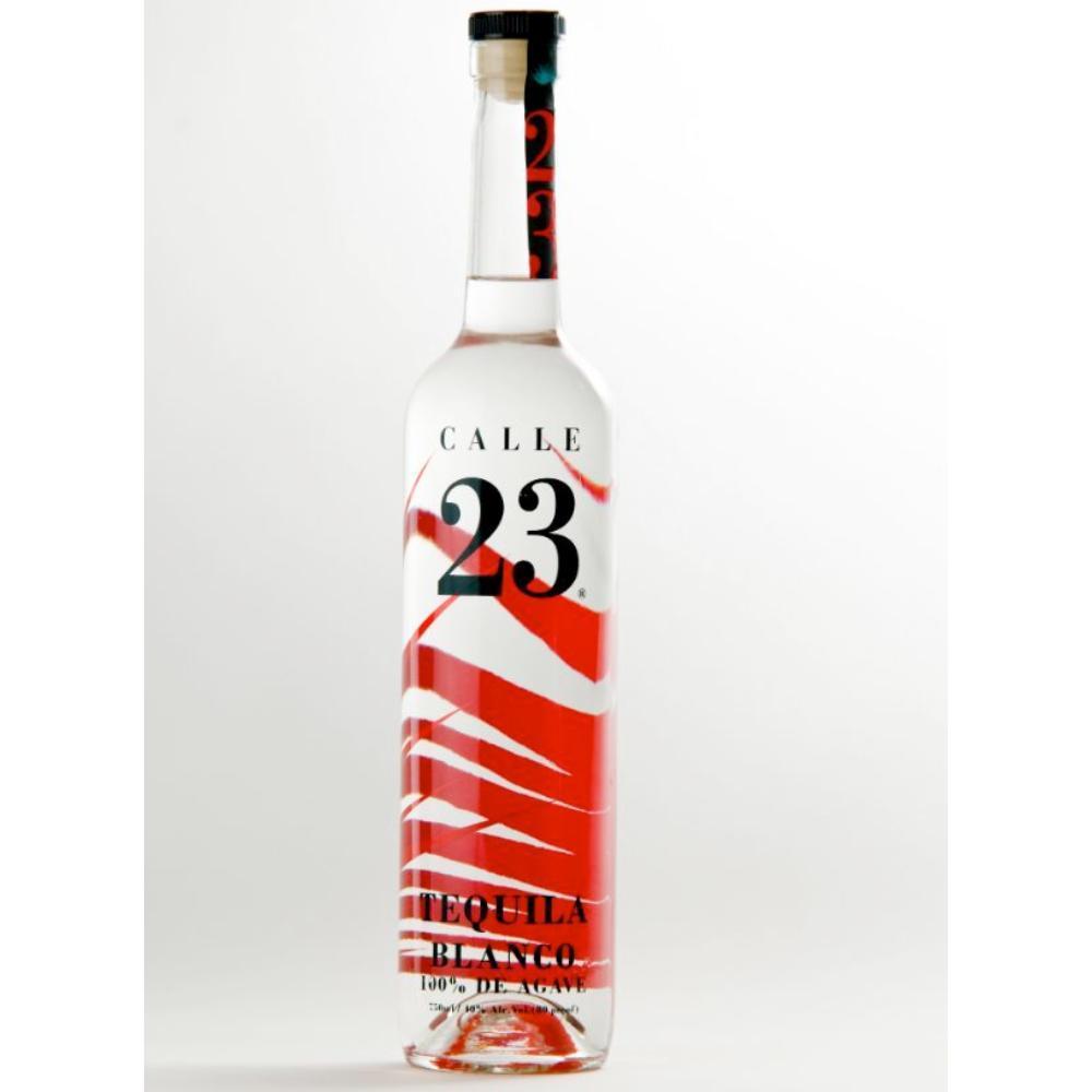Tequila bottle with clear glass, black cap, and red-and-white “Calle 23” label