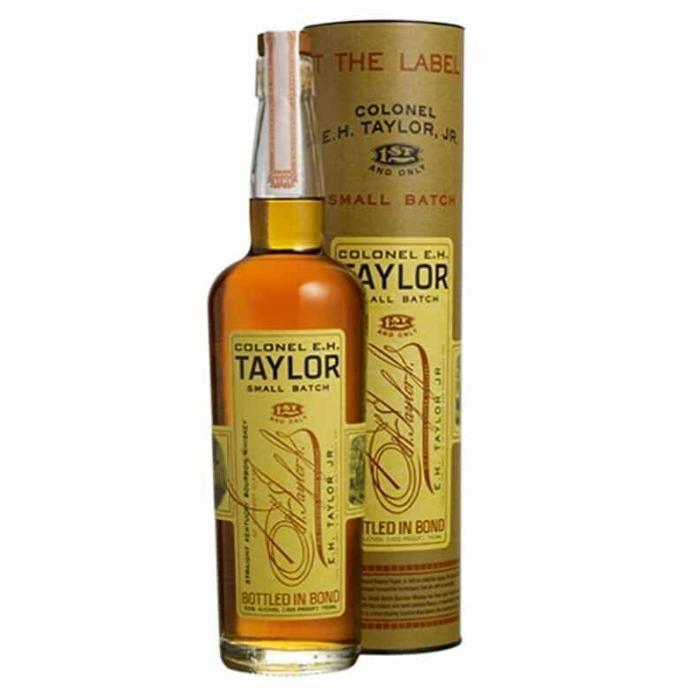 Small batch bourbon whiskey bottles, Colonel E.H. Taylor Jr., on label