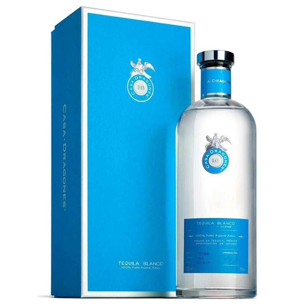 Tequila Casa Dragones Blanco bottle with blue label and matching blue gift box