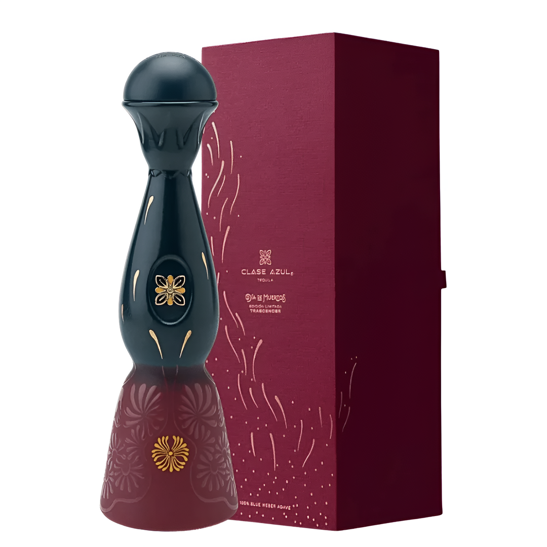Tequila gift set: dark blue bottle with gold flower, burgundy base, includes burgundy box