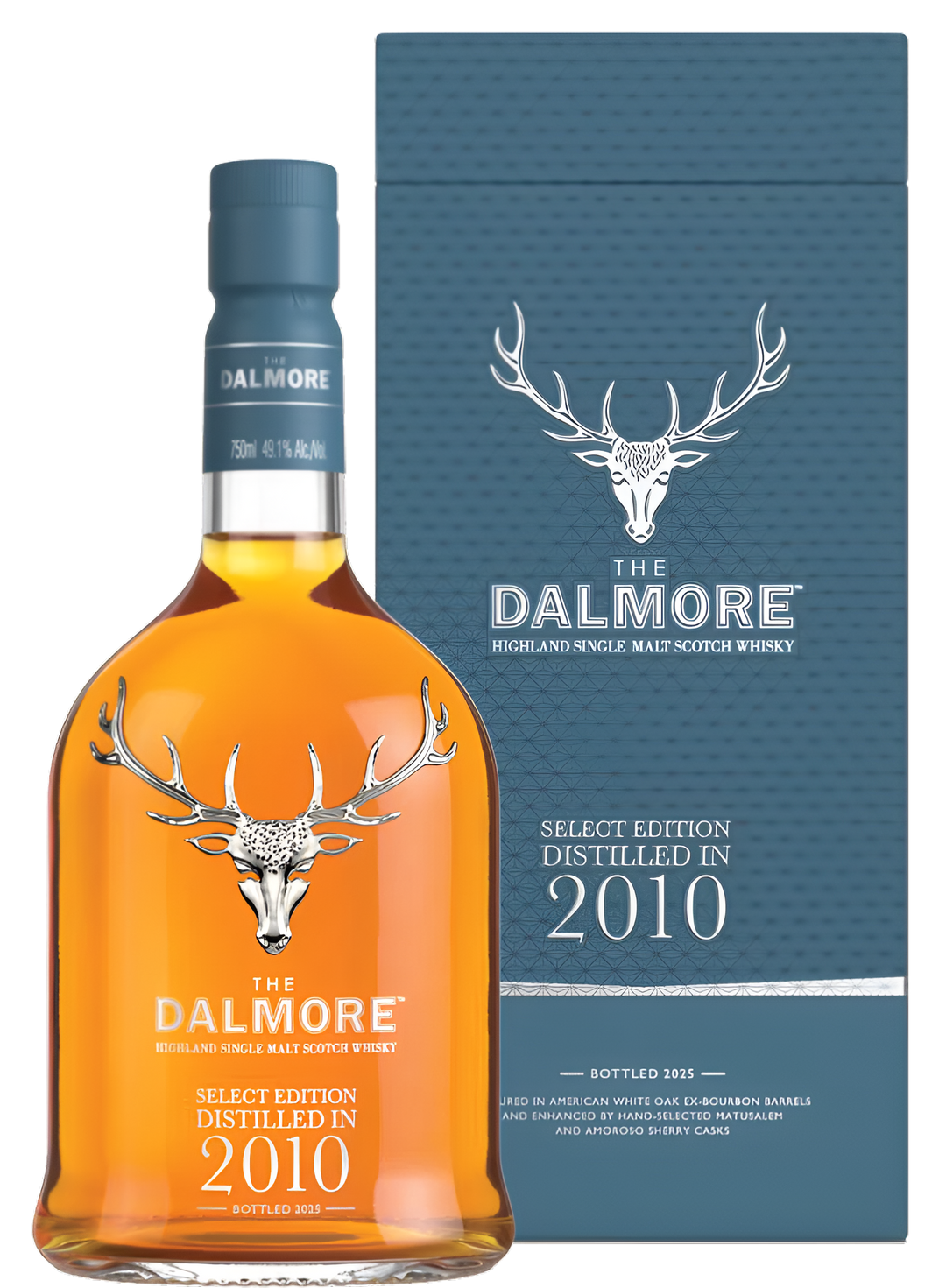 Dalmore whisky bottle and box with deer emblem on a white background