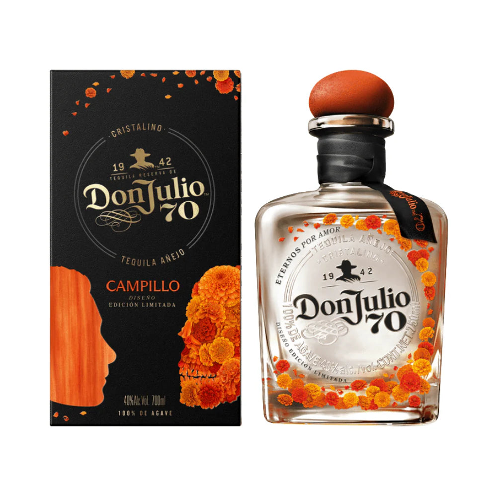 Don Julio 70 tequila bottle with orange topper, orange flower design, and matching box