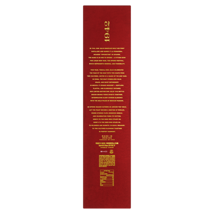 Don Julio 1942 tequila anejo gift box back panel with gold text details