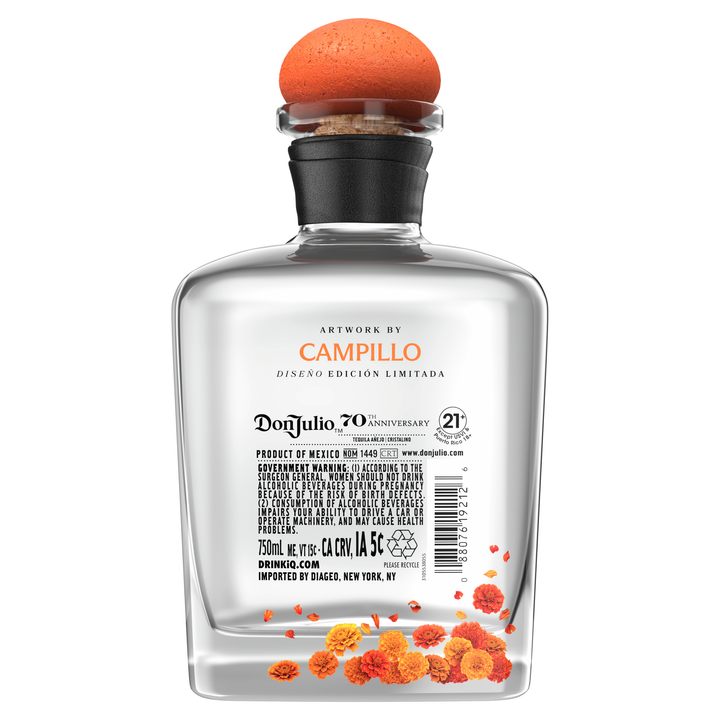 Don Julio 70 tequila bottle back label with orange topper and black neck wrap