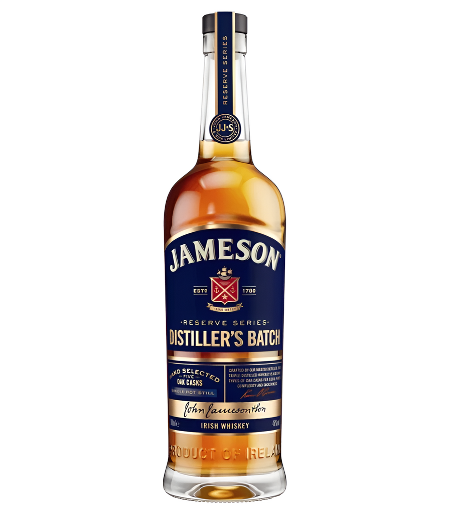Jameson reserve distiller's batch Irish whiskey bottle with blue label and amber liquid