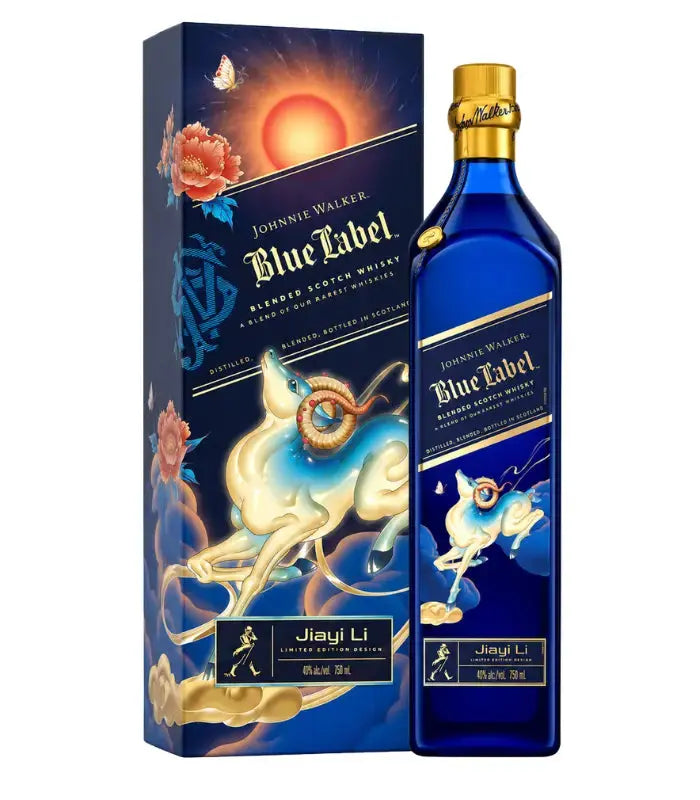 Johnnie Walker Blue Label whiskey bottle with gold cap and Lunar New Year gift box
