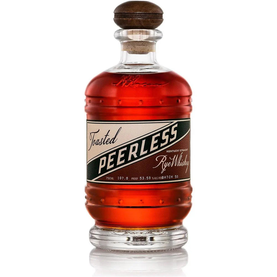 Toasted rye whiskey bottle with red amber glass and Peerless label