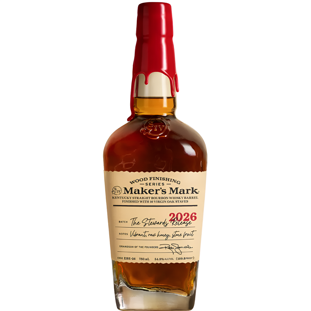 Maker's Mark whiskey bottle, red cap and amber liquid, Wood Finishing Series label