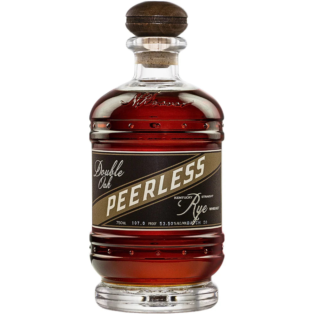 Peerless rye whiskey bottle with amber liquid and dark label
