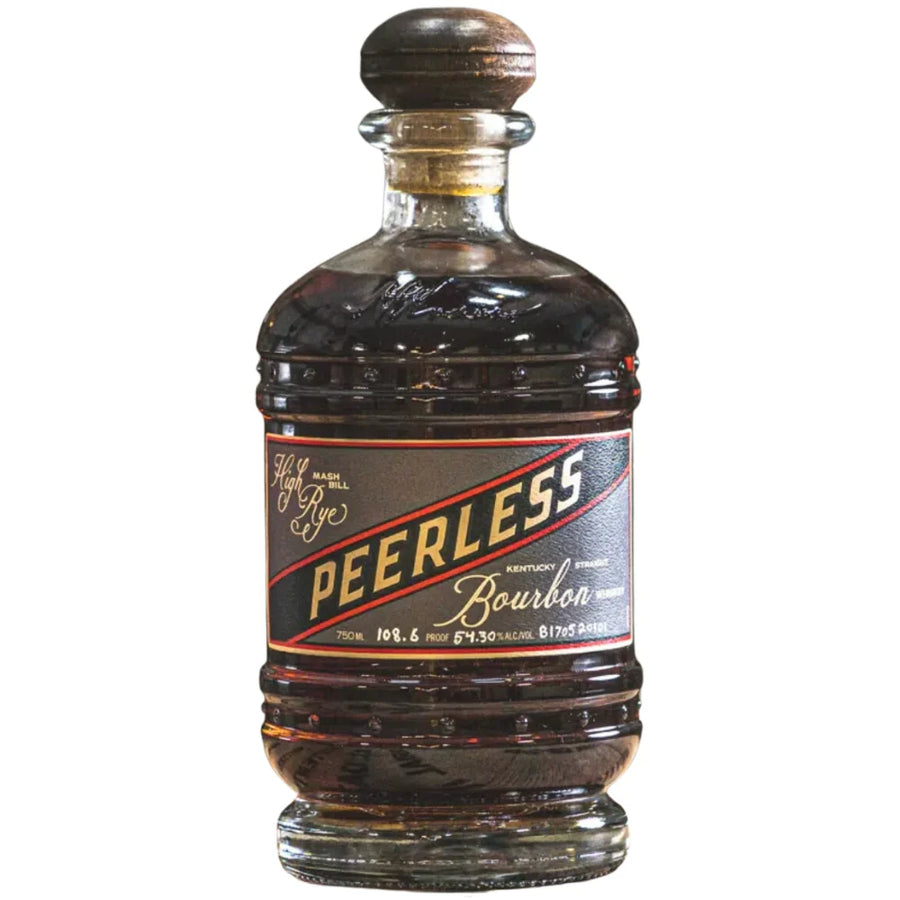 Amber bourbon whiskey bottle with 'Peerless' label and dark seal cap