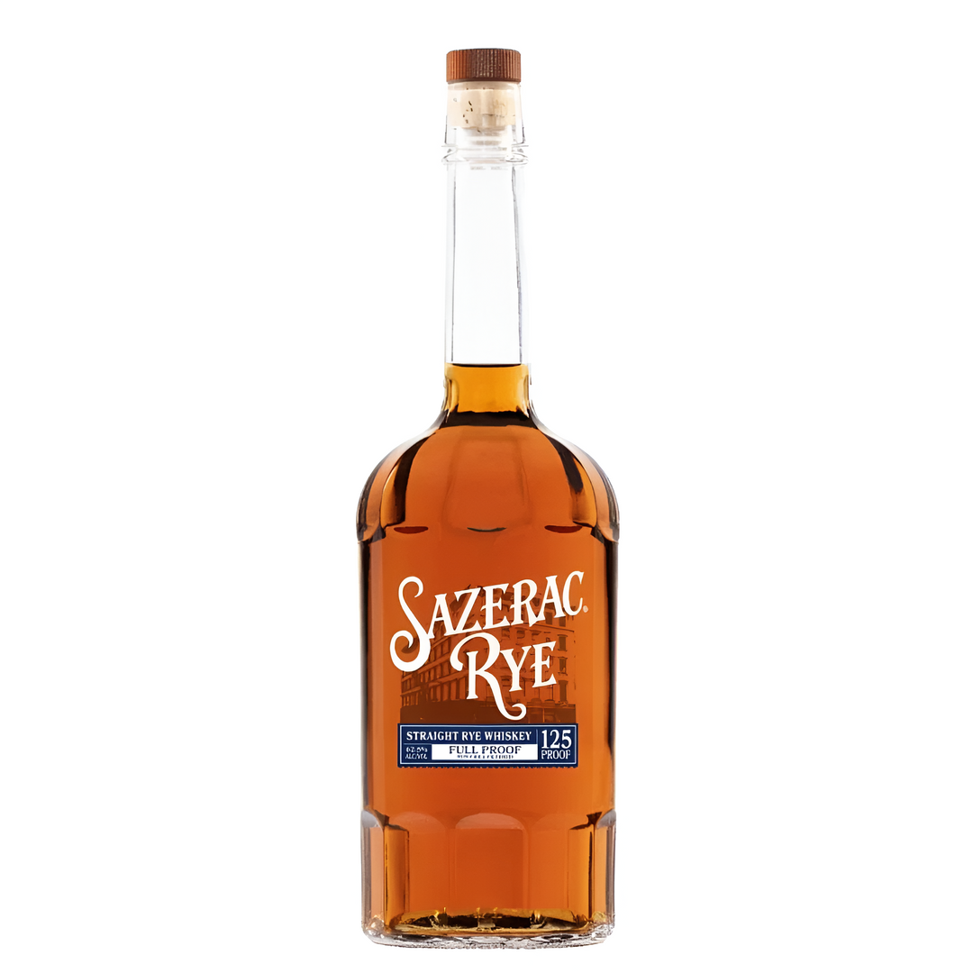 Sazerac Rye full proof whiskey bottle with amber liquid and cork stopper
