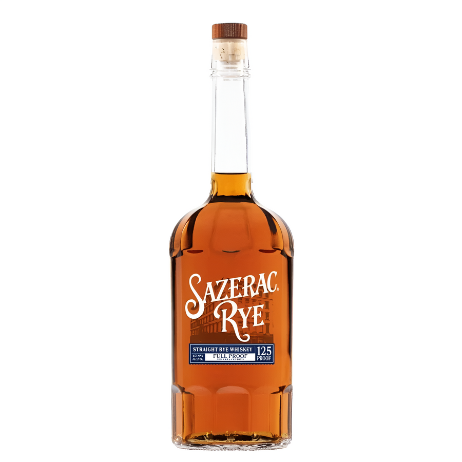 Sazerac Rye full proof whiskey bottle with amber liquid and cork stopper