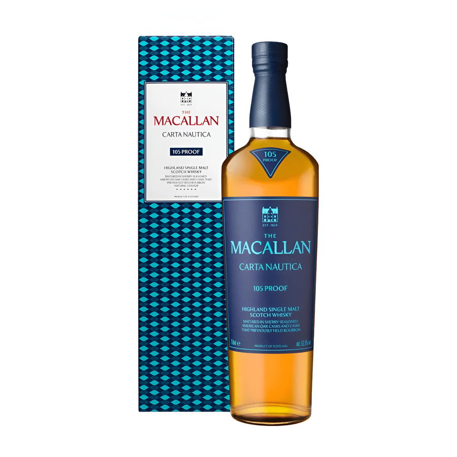 Macallan Carta Nautica 105 Proof single malt whisky bottle with blue patterned box