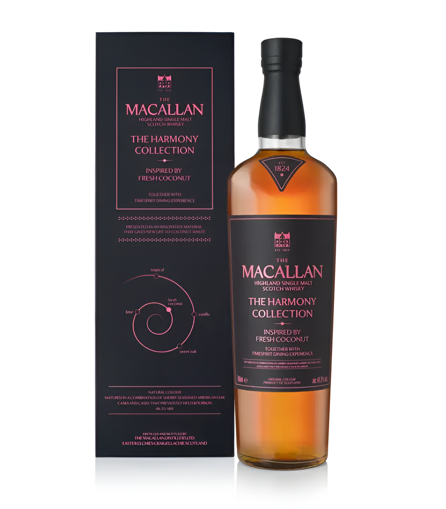 Single malt whisky bottle with amber liquid, Macallan Harmony Collection label