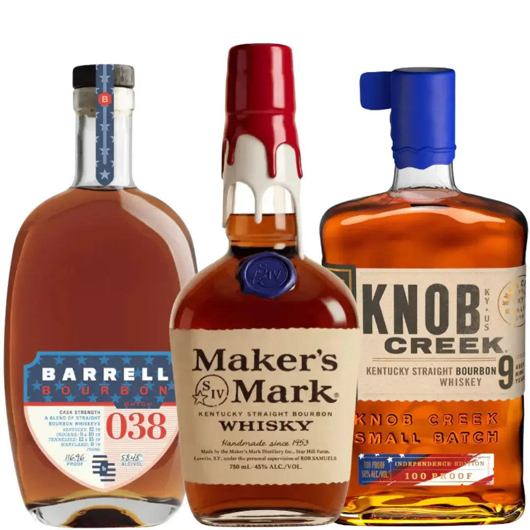 Three bourbon bottles in a commemorative bundle, with full front labels