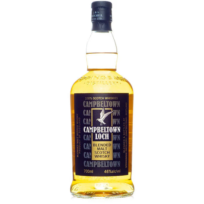 Campbeltown Loch blended malt scotch whisky bottle, clear glass with amber liquid
