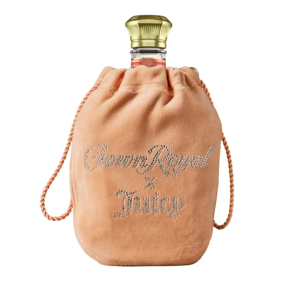 Peach drawstring pouch with Juicy Couture and Crown Royal rhinestone logo