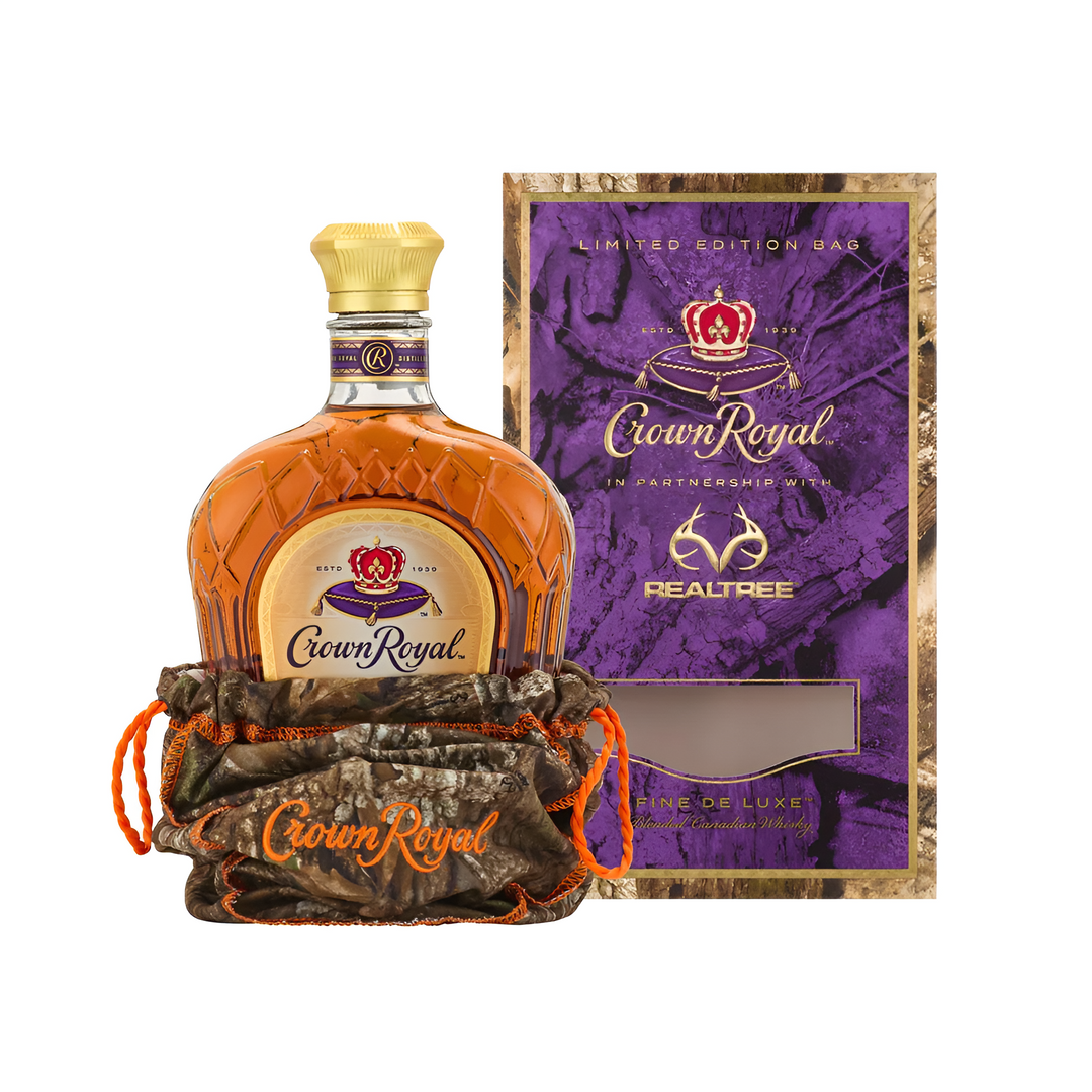 Crown Royal bottle with Realtree bag and packaging on a white background