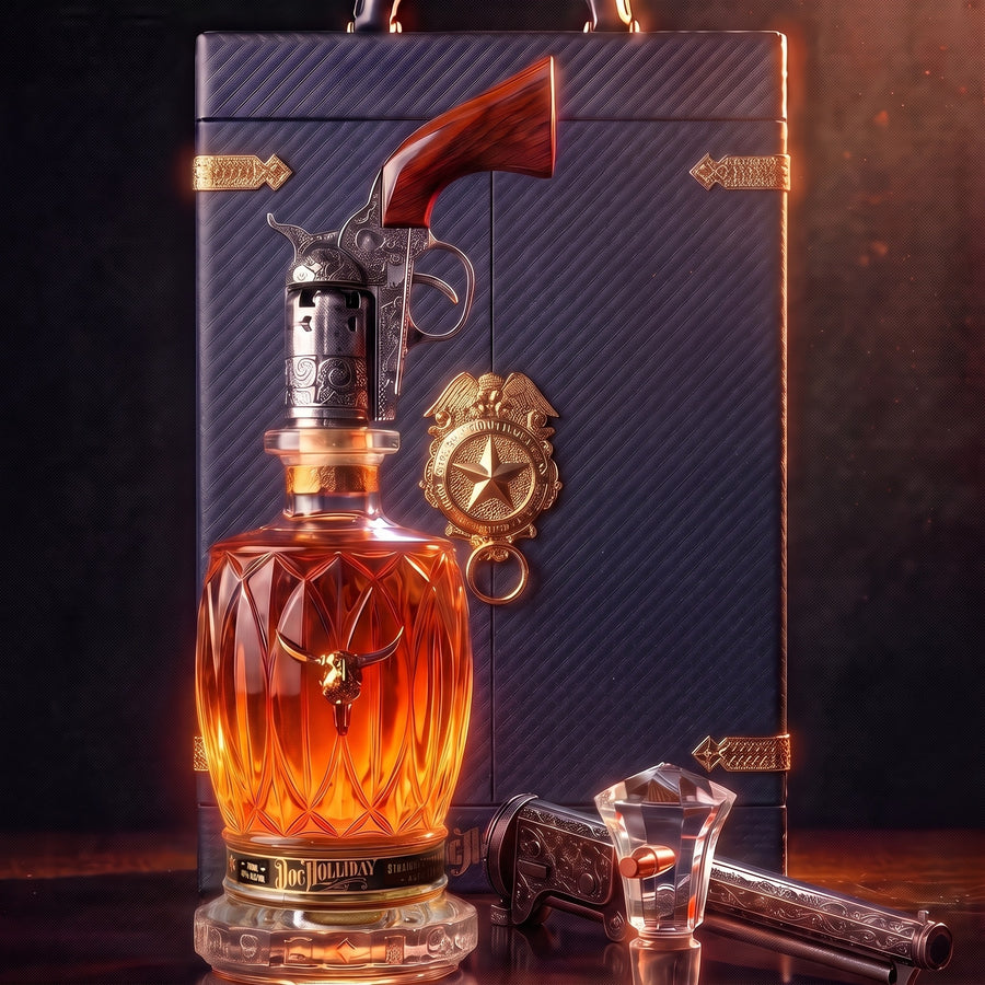 Doc Holliday bourbon whiskey set, amber bottle with revolver-style stopper and gun accessory
