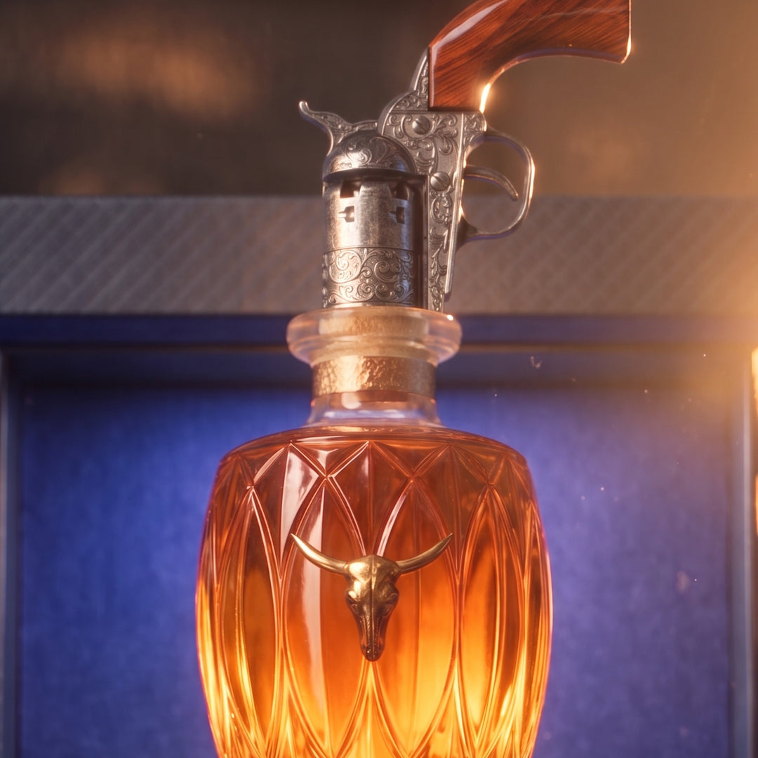 Doc Holliday bourbon whiskey set, close-up of silver revolver-style stopper on amber bottle