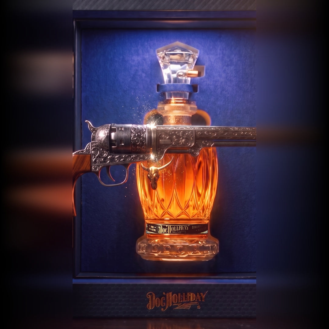 Doc Holliday bourbon whiskey set, close view of revolver-style stopper on amber bottle
