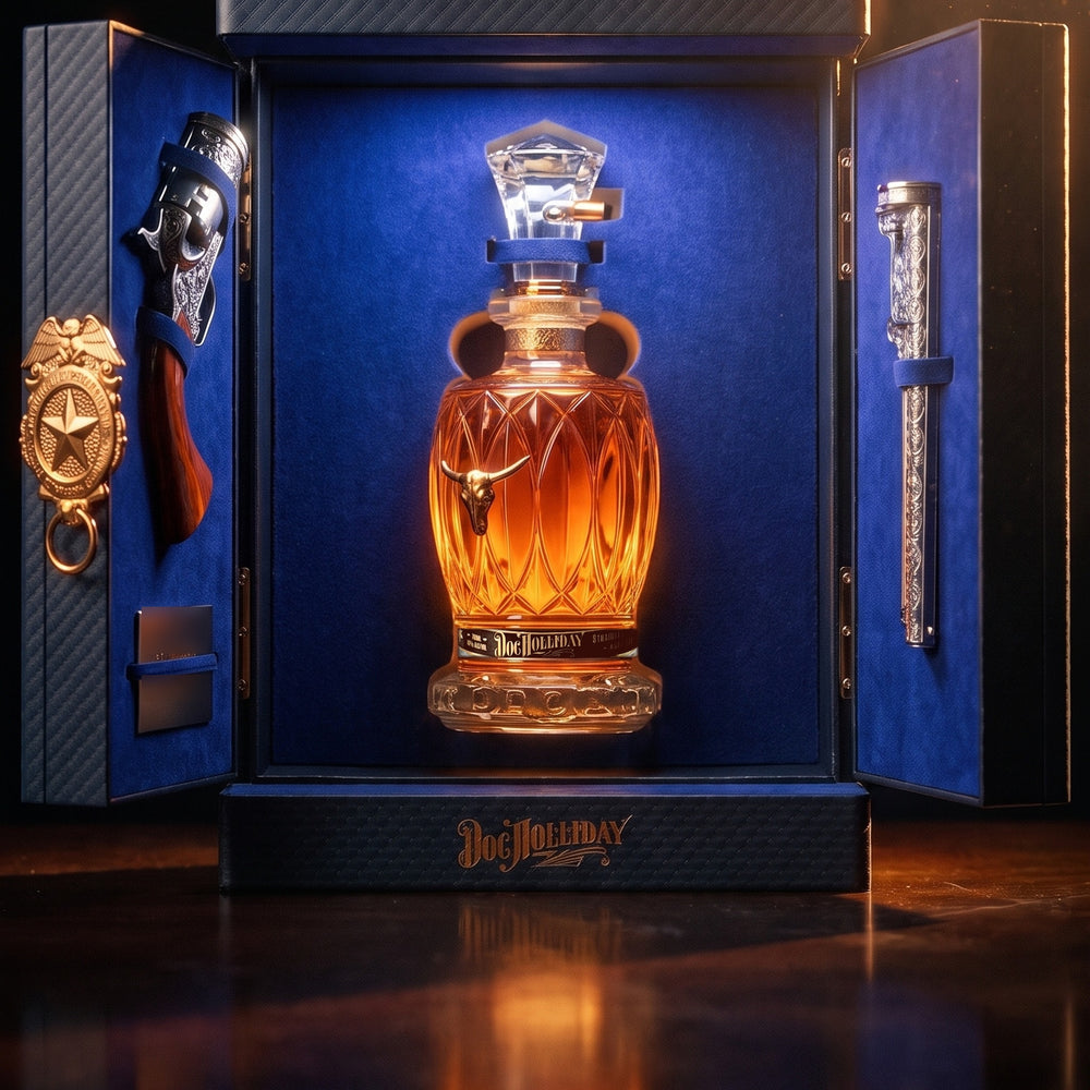 Doc Holliday bourbon whiskey set in open box, bottle with revolver-style accessory