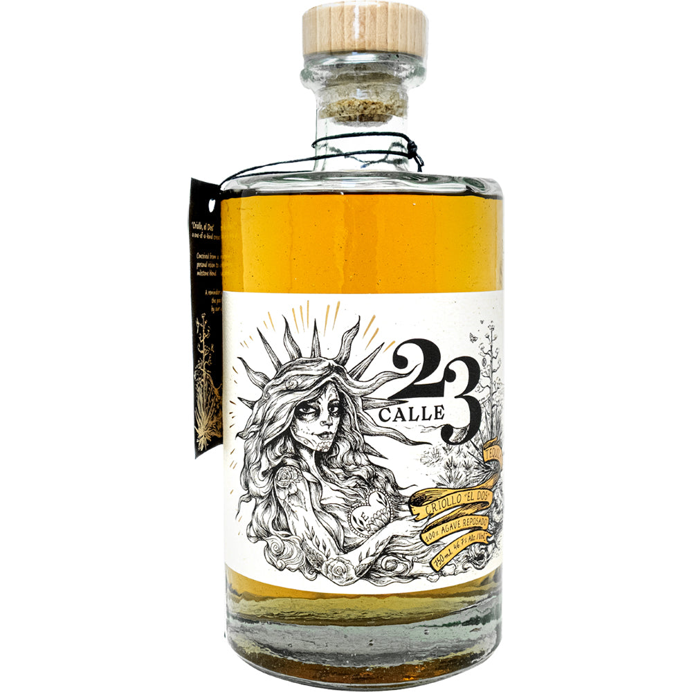Calle 23 Criollo El Dos Reposado Tequila bottle with cork and illustrated label